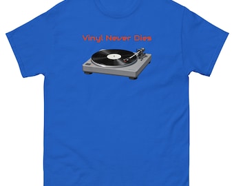 Vinyl Never Dies T-Shirt for DJs and record collectors (adult & youth sizes)