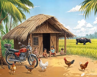 Philippines Nipa Hut and Children - wall art print
