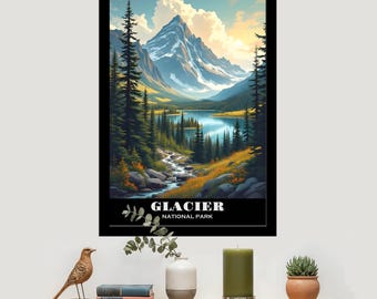 May include: A framed print of Glacier National Park. The artwork depicts a mountain range, a lake, and a river, with evergreen trees in the foreground. The text "GLACIER NATIONAL PARK" is at the bottom of the print.