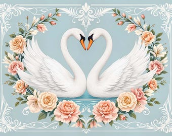 Swans and Flowers Art Deco Design - wall art print
