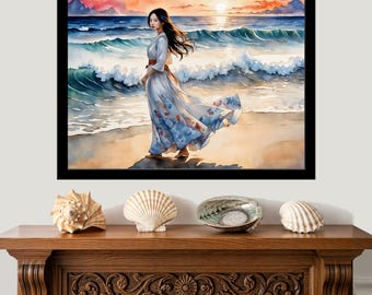 Watercolor Girl on the Beach in a White Dress 2 - wall art print