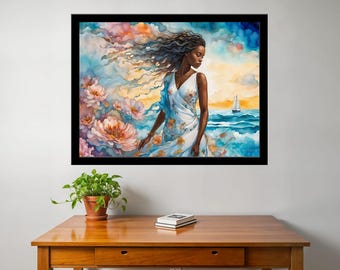 Watercolor Girl on the Beach in a White Dress 3 - wall art print