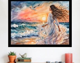 Watercolor Girl on the Beach in a White Dress 1 - wall art print