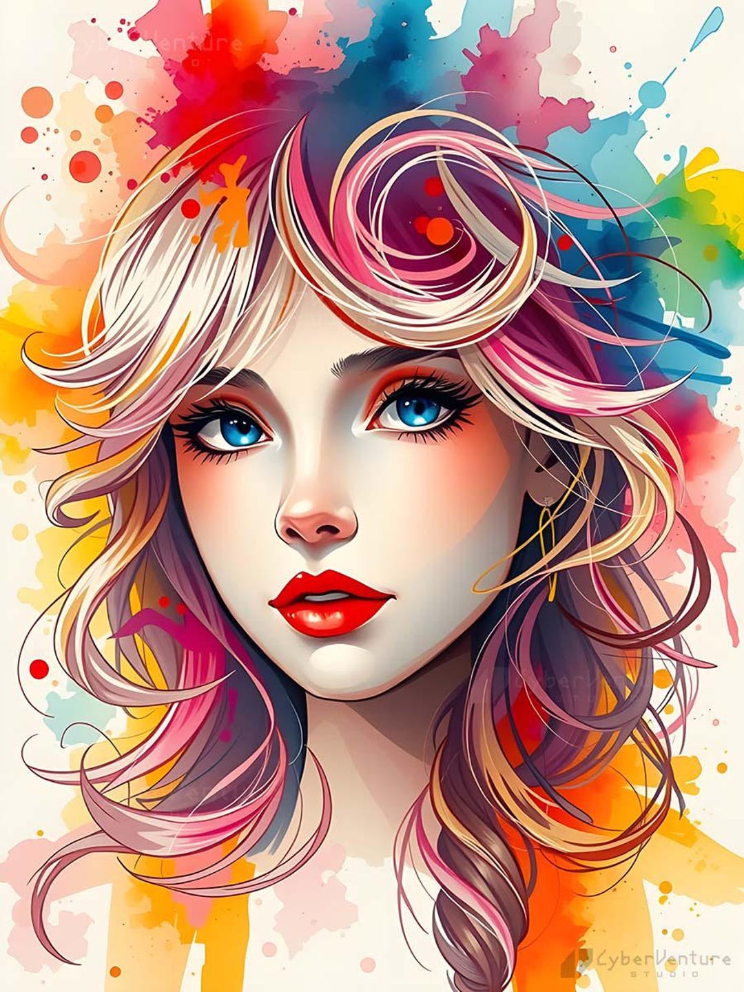 Splashed Portrait Color Splashed Pretty Woman Portrait 3 Emily - Wall Art Print - Etsy