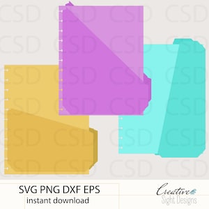 May include: A digital graphic design featuring three colourful file folder shapes in yellow, purple, and teal. The design includes a spiral binding detail and the text "SVG PNG DXF EPS instant download" and "Creative Sight Designs".
