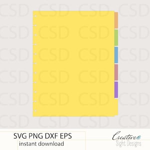 Puede incluir: Un planificador digital con una cubierta amarilla y pestañas coloridas. El planificador tiene una encuadernación en espiral en el lado izquierdo. La parte inferior de la imagen incluye el texto "SVG PNG DXF EPS instant download" y el logotipo de Creative Sight Designs.