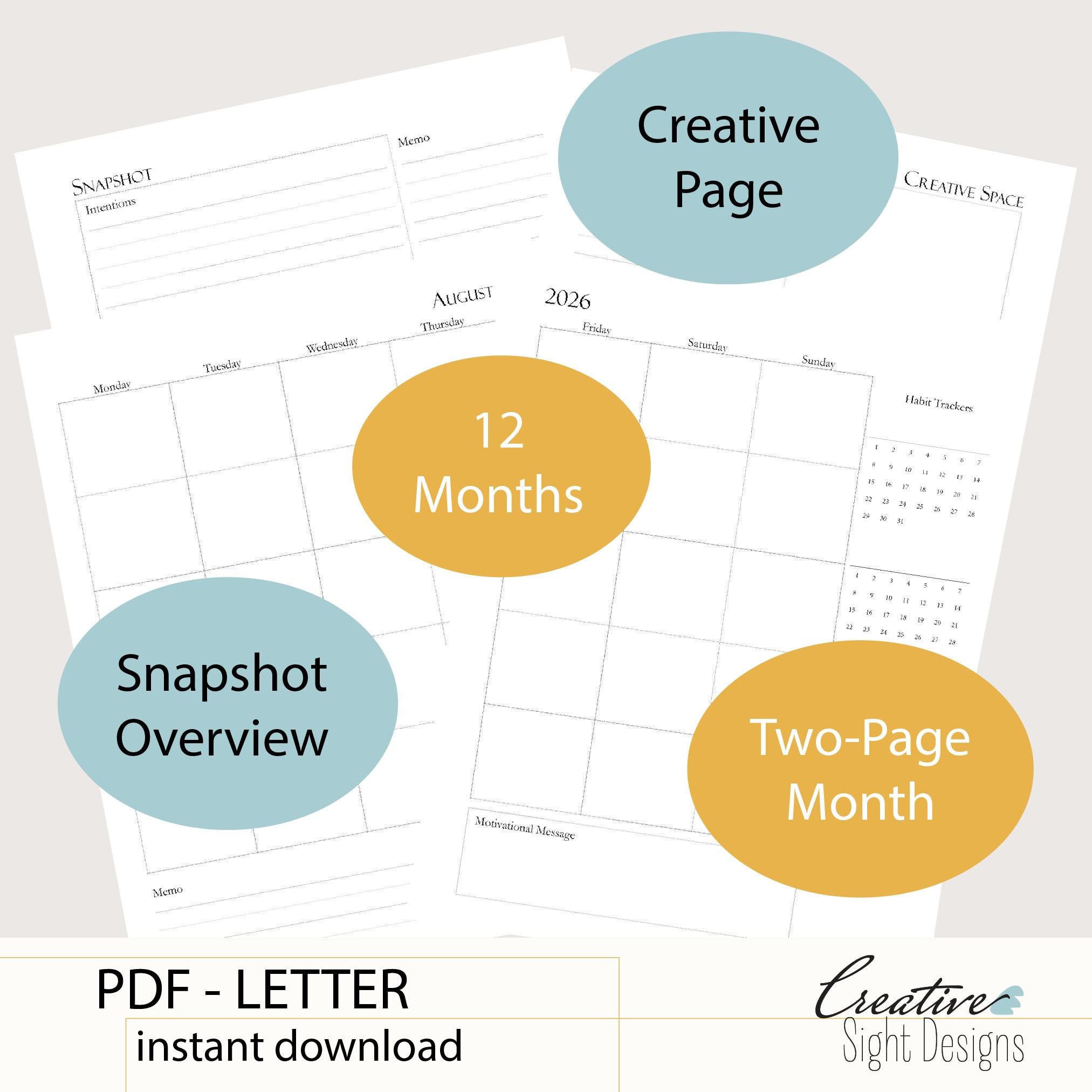 Two Page Spread Monthly Planner Pages, Undated Monday Start, Discbound ...