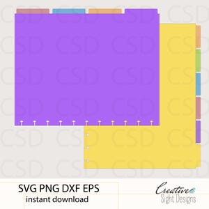 Puede incluir: Pestañas de planificador digital en morado y amarillo con divisores de pestañas coloridos. El diseño incluye una serie de agujeros para encuadernar y el texto "SVG PNG DXF EPS descarga instantánea" y el logotipo de Creative Sight Designs.