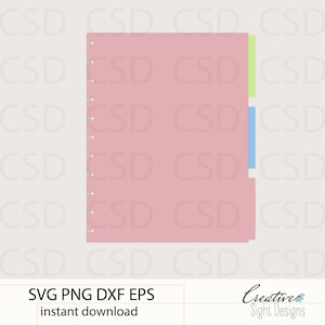Puede incluir: Una página de planificador digital rosa con tres pestañas de colores: verde, azul y rosa. La página tiene una serie de agujeros a lo largo del lado izquierdo para encuadernar. La parte inferior de la imagen incluye el texto "SVG PNG DXF EPS instant download" y el logotipo de Creative Sight Designs.