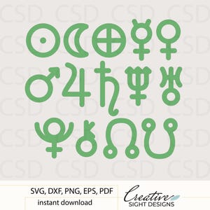 May include: A collection of green astrological symbols, including the sun, moon, and planets. The symbols are arranged in rows and columns against a light background. The text "SVG, DXF, PNG, EPS, PDF instant download" is at the bottom.