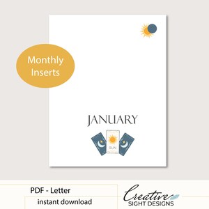 May include: A white PDF letter-sized monthly insert for January, featuring the word "JANUARY" in a serif font. The design includes tarot card illustrations and a sun and moon graphic. The text "Monthly Inserts" is in a yellow oval.