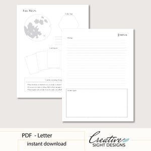 Pode incluir: Duas páginas de diário imprimíveis brancas. Uma página apresenta um gráfico de lua cheia, uma seção para um signo do zodíaco e uma distribuição de cartas. A outra página é pautada com uma seção para espaço criativo e a palavra "JOURNAL".