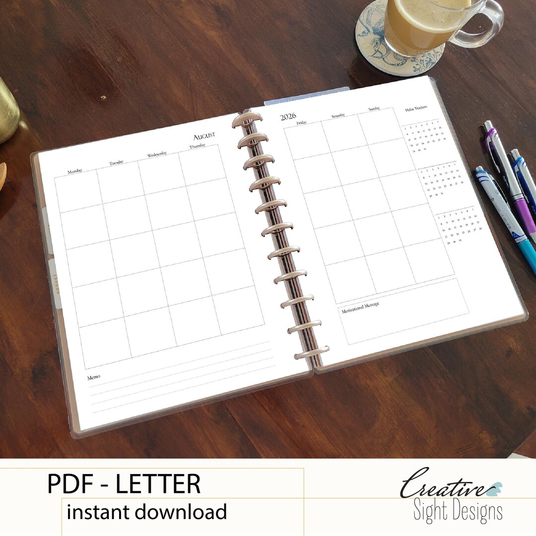 Two Page Spread Monthly Planner Pages, Undated Monday Start, Discbound ...