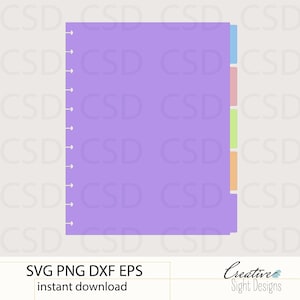 May include: A digital planner page in a soft purple hue, featuring a series of small arrows along the left edge. The page has colorful tabs in blue, pink, green, and orange. The text "SVG PNG DXF EPS instant download" is at the bottom.