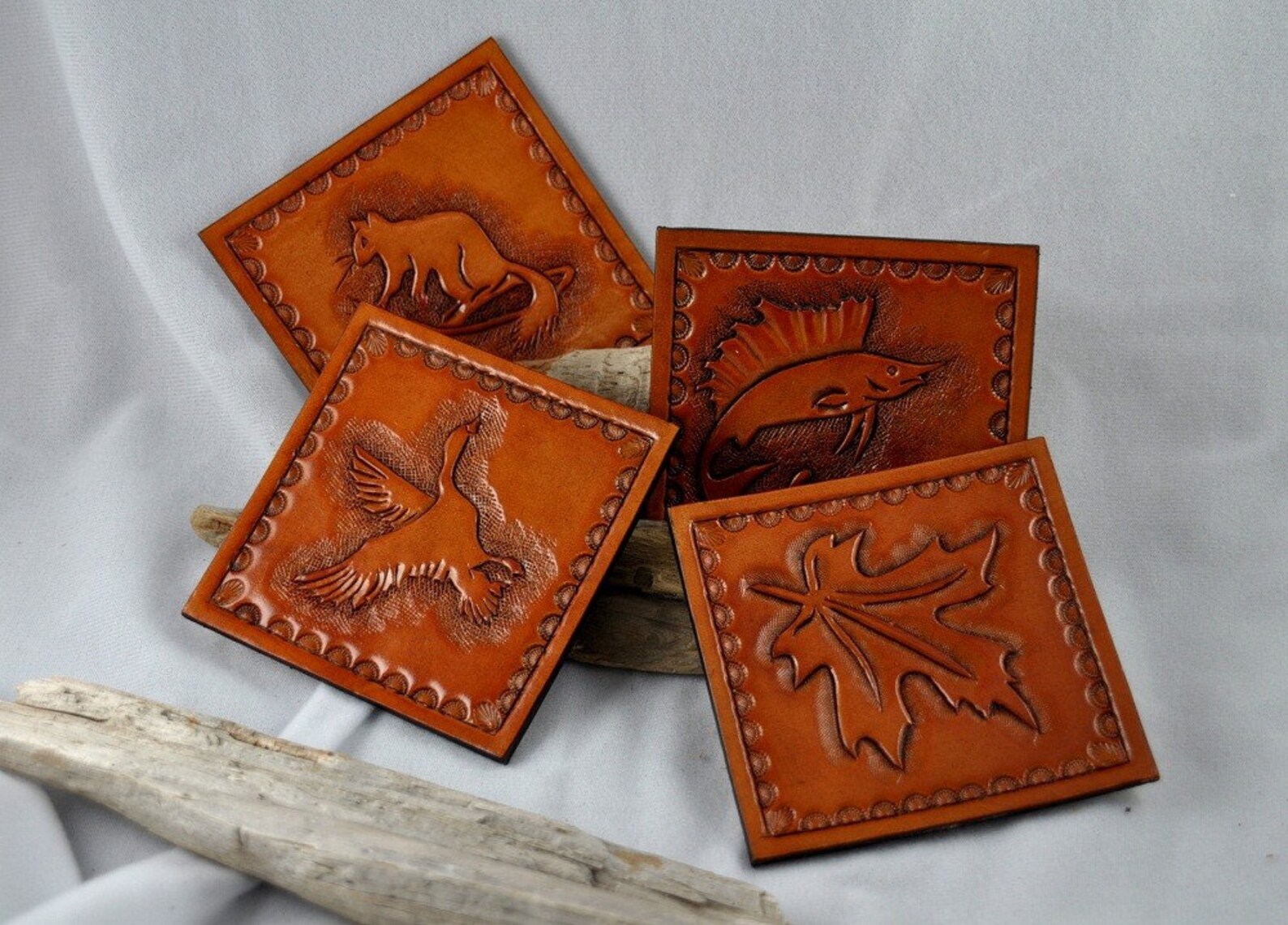 Hand Tooled Leather Coasters with Outdoor Designs Etsy