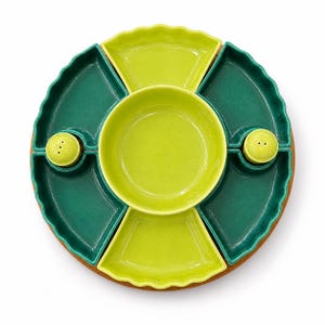 Vintage MCM Green Ceramic Chip Dip Lazy Susan Set Wood Base, Retro 70s Platter