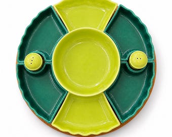 Vintage MCM Green Ceramic Chip Dip Lazy Susan Set Wood Base, Retro 70s Platter