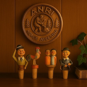 以下が含まれることがあります： 男性が帽子を上げている姿、雄鶏、笑顔の2つの人物など、彫刻されたフィギュアが特徴の、ヴィンテージの木製ボトルストッパーのコレクション。「ANRI」と「NORGE ATEESINA」の文字が入った木製のプラークが背景に見える。