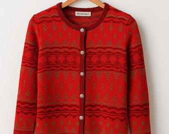 Cárdigan vintage de lana roja Pendleton (talla grande), tejido geométrico estilo suroeste, botones plateados tipo concho.