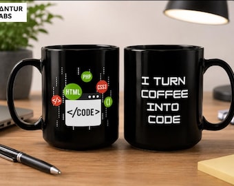 May include: Two black ceramic mugs featuring programming-themed graphics. One mug displays a white code window icon with HTML, PHP, and CSS3 labels. The other mug features the white text I TURN COFFEE INTO CODE in a bold, sans-serif font.