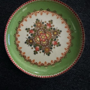 Vintage Steinbock Email Austria Handmade Trinket Dish Green Floral