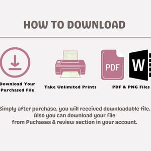 May include: An infographic with the title "HOW TO DOWNLOAD" and instructions. It includes icons for downloading a file, printing, and PDF/PNG files. Text explains how to download the file after purchase.