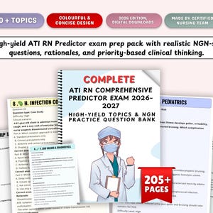 Puede incluir: Un paquete de preparación para el examen ATI RN Predictor con preguntas, justificaciones y pensamiento clínico basado en prioridades de estilo NGN realistas. La portada presenta una ilustración de enfermera y el texto "COMPLETE ATI RN COMPREHENSIVE PREDICTOR EXAM 2026-2027".