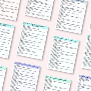 May include: A collection of study guides on various medical topics, including crisis intervention, substance use disorders, and child and adolescent psychiatry. The guides feature text and are arranged on a light pink surface.