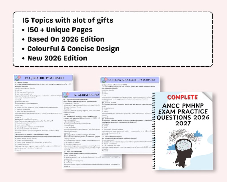 May include: A spiral-bound book titled "COMPLETE ANCC PMHNP EXAM PRACTICE QUESTIONS 2026 2027" with a brain graphic. The image also shows study guides with topics like Geriatric Psychiatry and Child & Adolescent Psychiatry.