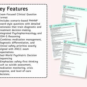 May include: A light pink background with three white pages of study notes. The notes cover topics like substance use disorders and psychotherapy modalities. A white box on the left lists key features, including exam-focused questions and DSM-5 reasoning.