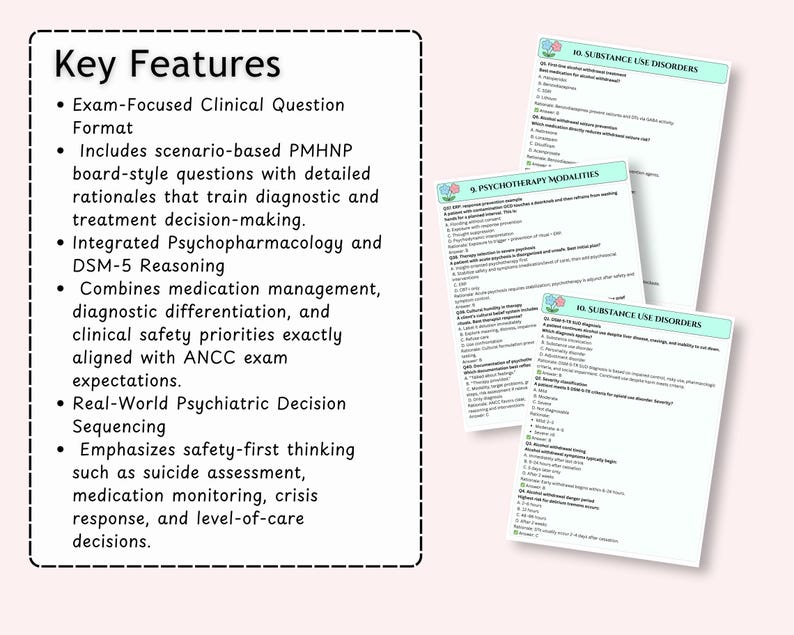 May include: A light pink background with three white pages of study notes. The notes cover topics like substance use disorders and psychotherapy modalities. A white box on the left lists key features, including exam-focused questions and DSM-5 reasoning.