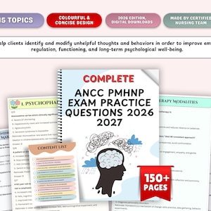 May include: A stack of study guides for the ANCC PMHNP exam, featuring the title "Complete ANCC PMHNP Exam Practice Questions 2026-2027." The cover has a brain graphic with thought bubbles. The guides include 15 topics and over 150 pages.
