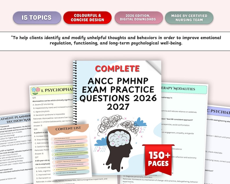 May include: A stack of study guides for the ANCC PMHNP exam, featuring the title "Complete ANCC PMHNP Exam Practice Questions 2026-2027." The cover has a brain graphic with thought bubbles. The guides include 15 topics and over 150 pages.