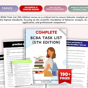 Puede incluir: Una guía de estudio completa de la Lista de Tareas BCBA (5ª edición) con más de 190 páginas. La portada presenta a una mujer con una mochila y una pila de libros. La guía incluye preguntas de práctica.