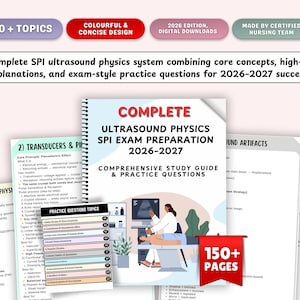 Könnte beinhalten: Ein umfassender Leitfaden zur Vorbereitung auf die SPI-Ultraschallphysik-Prüfung mit Kernkonzepten und Übungsfragen. Das Cover zeigt "COMPLETE ULTRASOUND PHYSICS SPI EXAM PREPARATION 2026-2027". Enthält 150+ Seiten und digitale Downloads.
