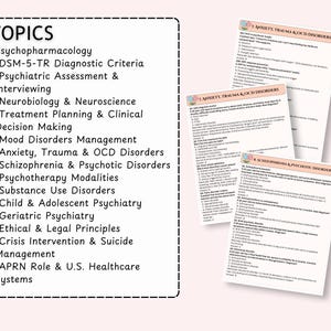 May include: A collection of study guides on a light pink background. The guides cover topics such as Anxiety, Trauma & OCD Disorders, and Schizophrenia & Psychotic Disorders. A list of topics is also displayed, including Psychopharmacology and Psychiatric Assessment.
