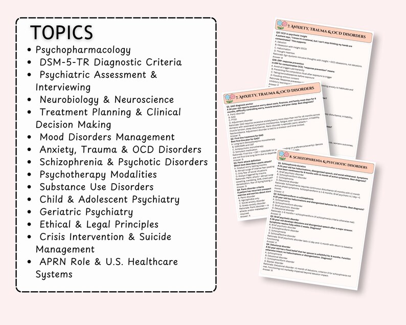 May include: A collection of study guides on a light pink background. The guides cover topics such as Anxiety, Trauma & OCD Disorders, and Schizophrenia & Psychotic Disorders. A list of topics is also displayed, including Psychopharmacology and Psychiatric Assessment.