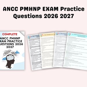 May include: A spiral-bound book and several pages of practice questions for the ANCC PMHNP exam. The book cover reads "COMPLETE ANCC PMHNP EXAM PRACTICE QUESTIONS 2026 2027". The pages are white with black text and colorful headers.