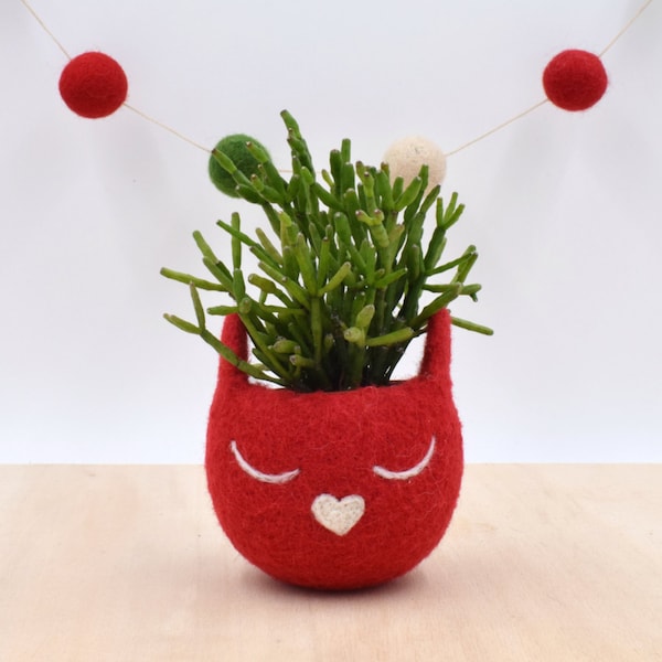Christmas gift for her, Cat lady gift, Succulent planter, Felt planter,  Small succulent pot, cat lover gift, red cat vase