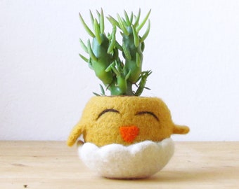 Funny indoor planter | happy chick succulent planter,  cute mini felt cactus vase, Spring handmade decor, mother day gift for her