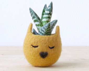 Unique cat indoor planter, Small succulent vase, Mustard Yellow kitty, Funny succulent pot, coworker gift Christmas gift for her