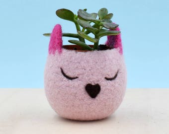 Mother day gift, mini succulent pot, plant lady gift, Cactus planter, 7 year Anniversary, Cat lover gift for women, Pink Cat planter for her