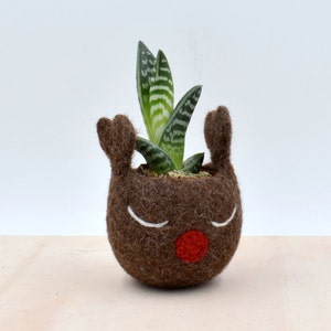 Christmas gift idea / Succulent planter / Brown Felt vase / gift for her / Rudy the red nosed reindeer planter image 1