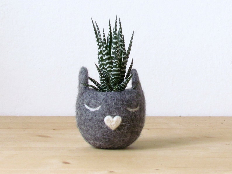 lovely kitty head, pictured in medium grey color with a heart-shaped nose made with soft wool felt