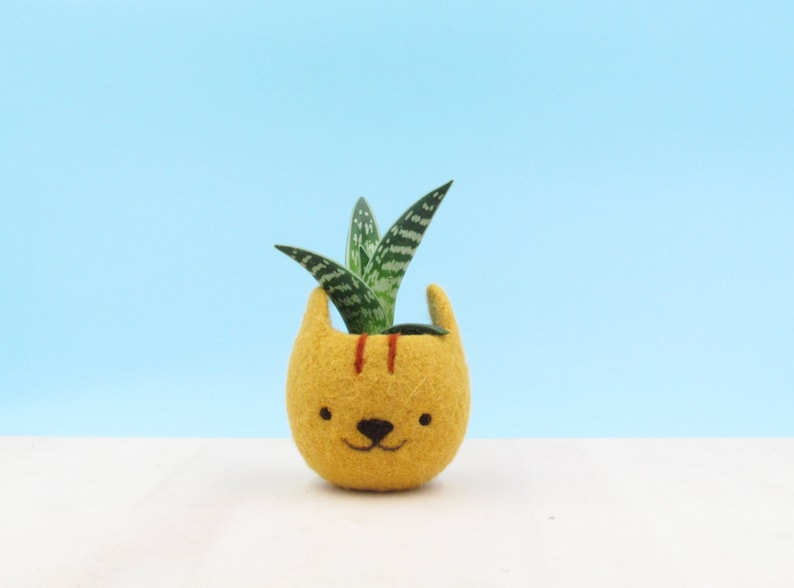 Cat lover gift Felt succulent planter, Neko Atsume Cute Succulent gift, cactus pots, Kawaii Christmas gift for her, Small succulent vase image 1