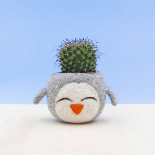 Happy penguin planter | Succulent and plant lover gift, cactus planter, mini planter, office decor, gift for her