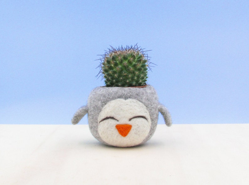 Happy penguin planter Succulent and plant lover gift, cactus planter, mini planter, office decor, gift for her image 1