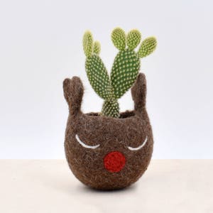 Christmas gift idea / Succulent planter / Brown Felt vase / gift for her / Rudy the red nosed reindeer planter image 2