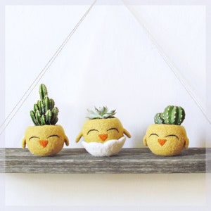 Funny indoor planter happy chick succulent planter, cute mini felt cactus vase, Spring handmade decor, mother day gift for her image 2