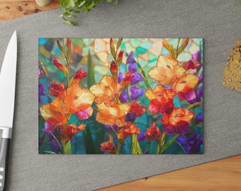 Oranje gladiolen bloemen glazen snijplank, levendige tuinbloemen, keukendecor, botanische kunst cadeau